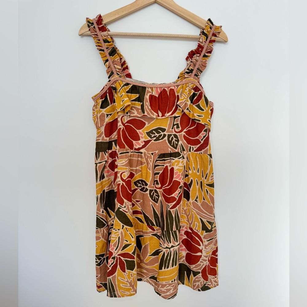 Sezane Fily Vicky Leaves Print linen blend Cotton ruffles mini Dress size 36 /4 - Picture 2 of 6